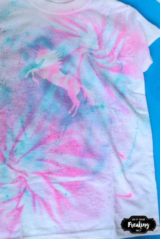 Make a tie dye style tshirt with this DIY Unicorn Spray Paint Shirt. Simple, quick and unique styles for you to create!
