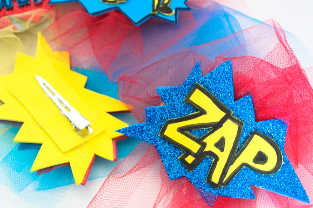 Get ready for halloween or comic con with these fun comic word diy hair clips