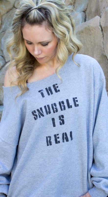 Snuggle up with a DIY "The Snuggle Is Real" sweatshirt. Perfect for cold days, hand made gifts and more! | Quote | Sweatshirt | Scoopneck | Stenciled | Do It Your Freaking Self