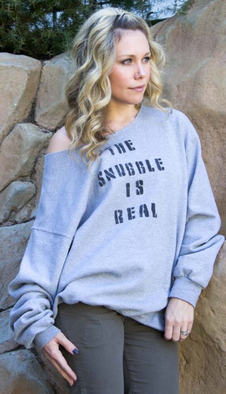 Snuggle up with a DIY "The Snuggle Is Real" sweatshirt. Perfect for cold days, hand made gifts and more! | Quote | Sweatshirt | Scoopneck | Stenciled | Do It Your Freaking Self