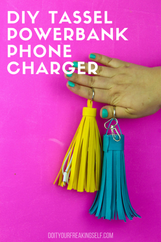 Charge your phone in style with a Leather Tassel Power Bank Keychain. Never be without your portable phone charger with this diy! - DoItYourFreakingSelf.com