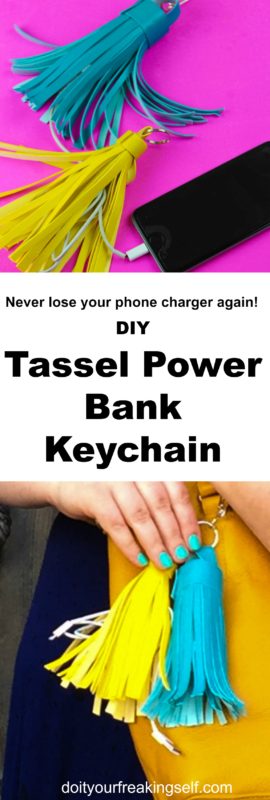 Charge your phone in style with a Leather Tassel Power Bank Keychain. Never be without your portable phone charger with this diy! Great for bridesmaid gifts, roadtrip pals, concert festival survival kits.  - DoItYourFreakingSelf.com