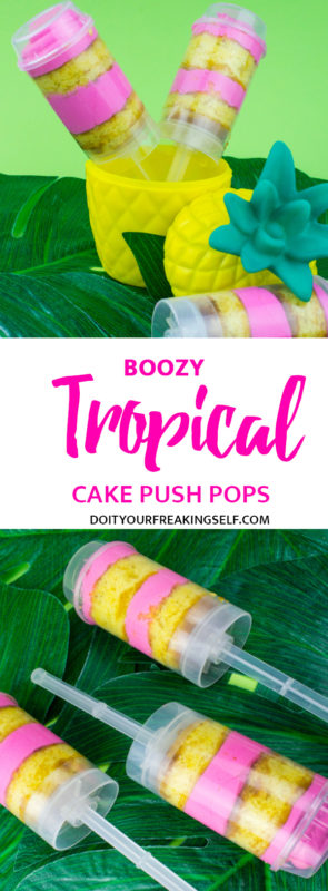 Kick off your summer luau by making these fun boozy tropical cake push pops! A sweet addition to your flamingo, pineapple, hawaiian party! Flamingo pineapple party | Luau food | treat pops | Cake pops | pink and yellow 