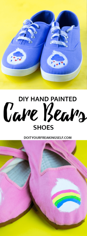 Wish on your inner child with these adorable DIY painted care bears shoes! How cute are these for kids and grown ups! - Back to school, nostalgia, vintage fashion, diy fashion, diy shoes, hand painted shoes