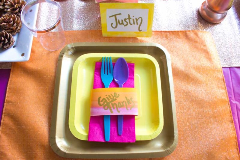 Give your Friendsgiving Tablescape a vibrant pop of color with bright orange, yellow, pink and rose gold! | #friendsgiving #thanksgiving #tablescape 