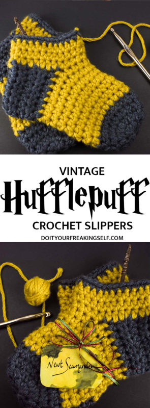 Cozy up with these crochet vintage Hufflepuff slippers! - Free Pattern #crochet #harrypotter #geekcrafts