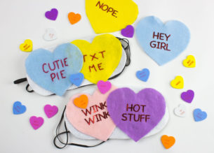 Whether you're celebrating Valentines or Galentines this DIY Conversation Hearts Sleep mask is a perfect DIY addition to any sleep over! | Do It Your Freaking Self | #Galentines #Conversation Hearts #Valentines #adultcrafts