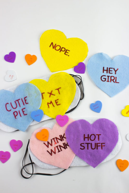 Whether you're celebrating Valentines or Galentines this DIY Conversation Hearts Sleep mask is a perfect DIY addition to any sleep over! | Do It Your Freaking Self | #Galentines #Conversation Hearts #Valentines #adultcrafts