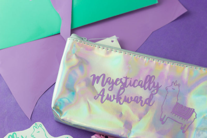 Express fabulous self with a fun Magestically Awkward Llamacorn Pencil Bag. Make custom holographic pencil bags for your fabulous self and friends!  | #GiftIdea #SchoolSupplies #llamacorn #CutFile