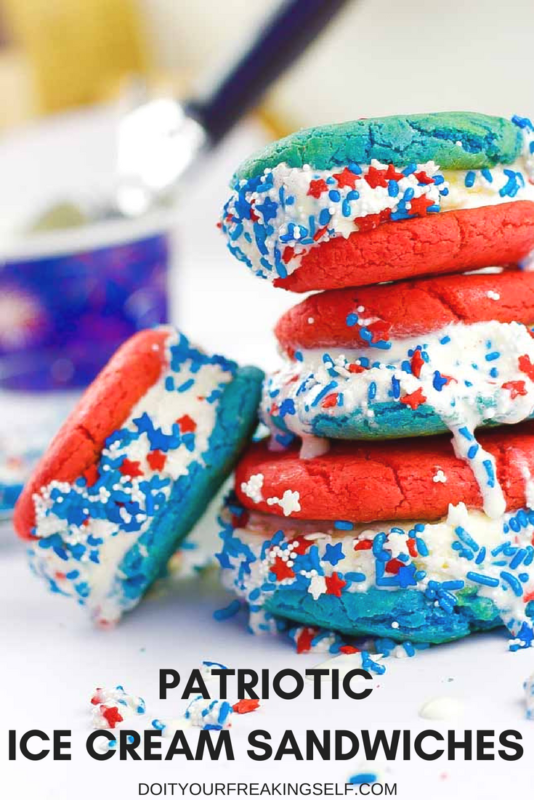 patriotic ice cream sandwiches - red white blue sprinkles